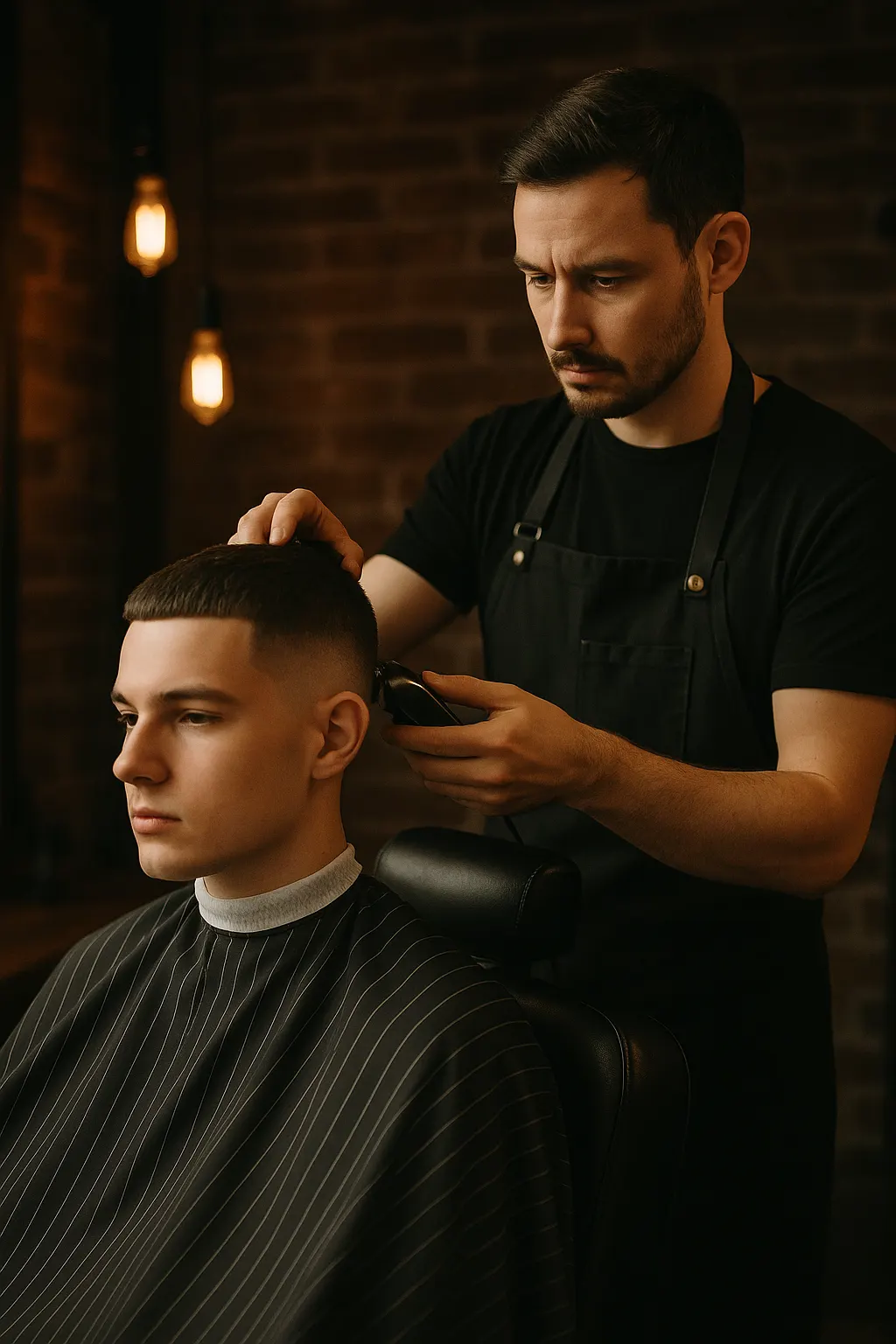Barber finishing a skin fade in a dark, brick-walled barbershop